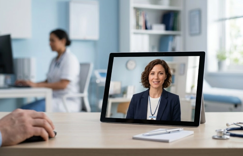 Best AI avatar creators for telehealth consultations shown as a realistic digital healthcare presenter on a screen