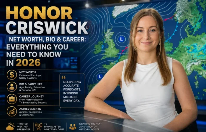 Honor Criswick Net Worth, Bio and Career 2026 — featured image showing Honor Criswick as a trusted weather presenter and meteorologist, with a UK weather map in the background, highlighting her career journey from meteorology to TV broadcasting