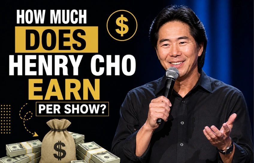 Henry Cho performing stand-up comedy on stage holding a microphone with text “How much does Henry Cho earn per show” and money graphics in background