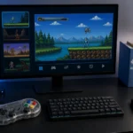 Step-by-step visual guide showing the set up for Pblemulator on a modern desktop with controller and organized game file folders.