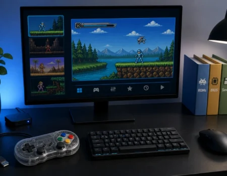 Step-by-step visual guide showing the set up for Pblemulator on a modern desktop with controller and organized game file folders.