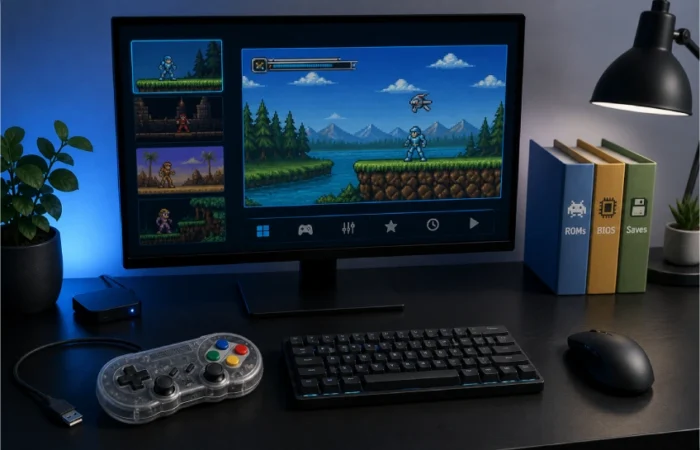 Step-by-step visual guide showing the set up for Pblemulator on a modern desktop with controller and organized game file folders.