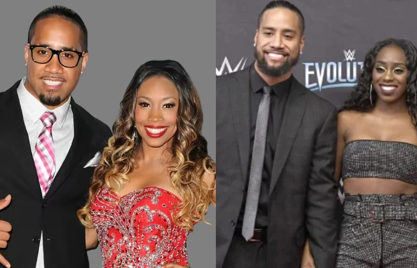 Jey Uso and his wife Takecia Travis at two different events — one formal photoshoot and one at WWE Evolution