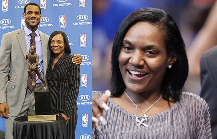 Gloria James and LeBron James posing together at a KIA Motors NBA MVP award ceremony