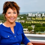 Martie Allen smiling outdoors wearing blue top with added title overlay private life biography