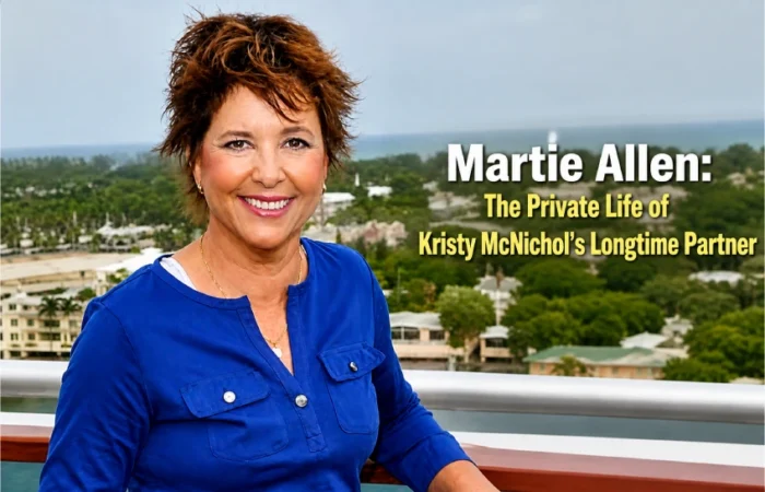 Martie Allen smiling outdoors wearing blue top with added title overlay private life biography