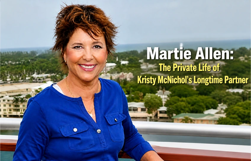 Martie Allen smiling outdoors wearing blue top with added title overlay private life biography