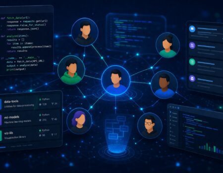 ProgramGeeks Social platform showing developer community collaboration with code sharing, project hubs, and networking tools