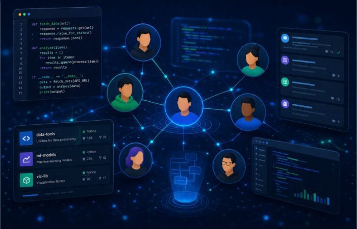 ProgramGeeks Social platform showing developer community collaboration with code sharing, project hubs, and networking tools