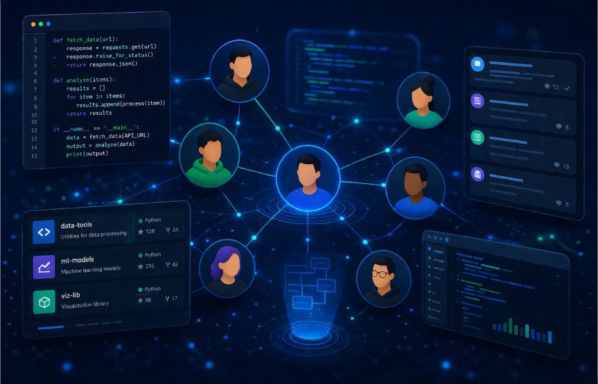 ProgramGeeks Social platform showing developer community collaboration with code sharing, project hubs, and networking tools