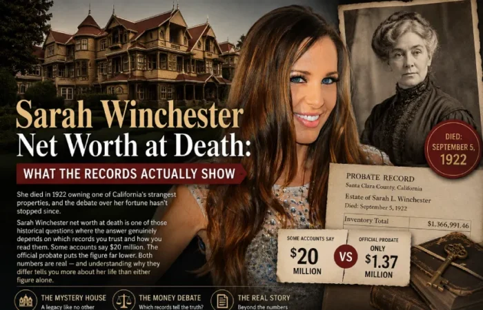 Sarah Winchester net worth at death infographic showing $20 million vs $1.37 million official probate record from Santa Clara County 1922