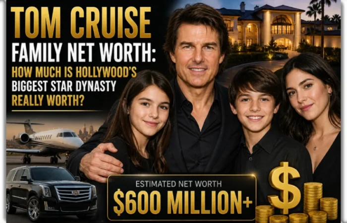 Tom Cruise family net worth 2026 thumbnail showing Tom Cruise with his children in front of a luxury mansion, private jet, and SUV, highlighting Hollywood star dynasty wealth concept
