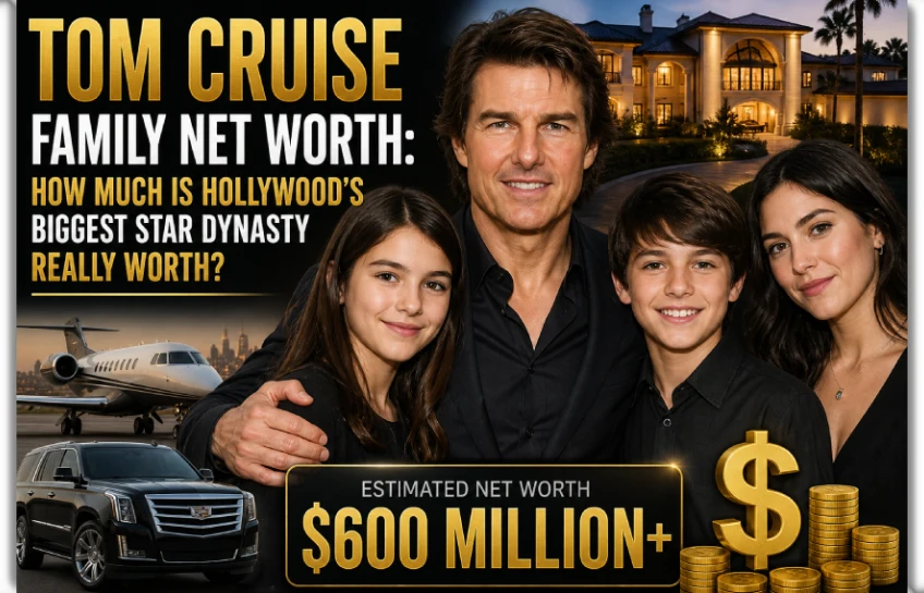 Tom Cruise family net worth 2026 thumbnail showing Tom Cruise with his children in front of a luxury mansion, private jet, and SUV, highlighting Hollywood star dynasty wealth concept