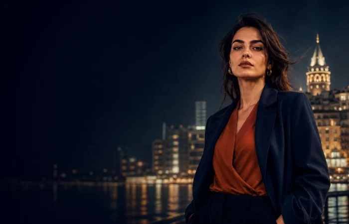A confident Turkish woman in an urban Istanbul setting representing the cultural meaning and social discussion around the term utanmazkızkar in modern Turkey