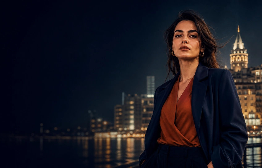 A confident Turkish woman in an urban Istanbul setting representing the cultural meaning and social discussion around the term utanmazkızkar in modern Turkey