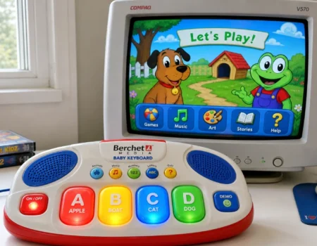Vintage Berchet Media Baby Keyboard with chunky colorful buttons and CRT monitor displaying simple dog and frog game