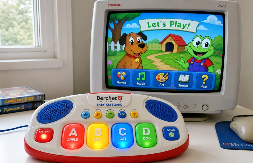 Vintage Berchet Media Baby Keyboard with chunky colorful buttons and CRT monitor displaying simple dog and frog game