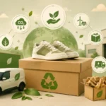 BestShoesEverShop carbon neutral shipping concept with eco-friendly shoe delivery packaging and sustainable transport graphics