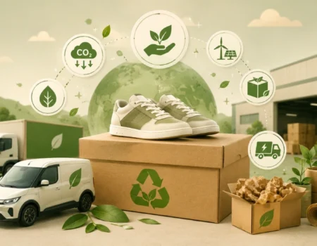 BestShoesEverShop carbon neutral shipping concept with eco-friendly shoe delivery packaging and sustainable transport graphics