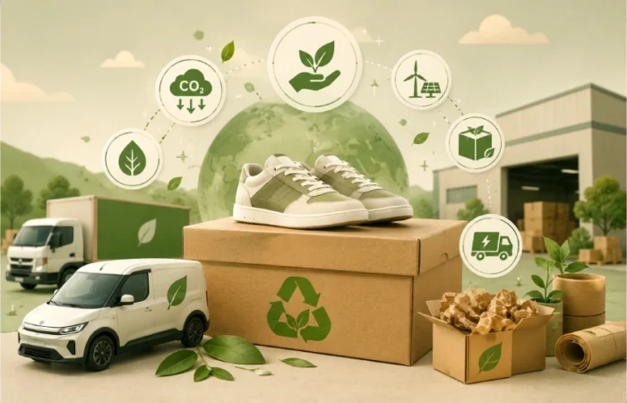 BestShoesEverShop carbon neutral shipping concept with eco-friendly shoe delivery packaging and sustainable transport graphics