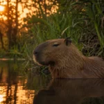 A cadibara resting at the edge of a South American river surrounded by green reeds and golden-hour light