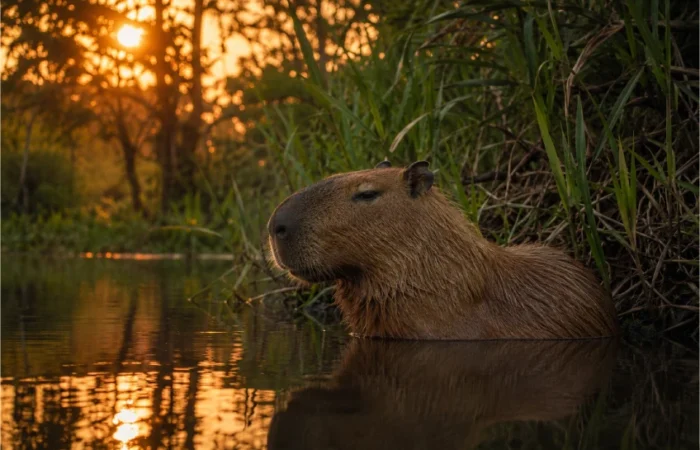 A cadibara resting at the edge of a South American river surrounded by green reeds and golden-hour light