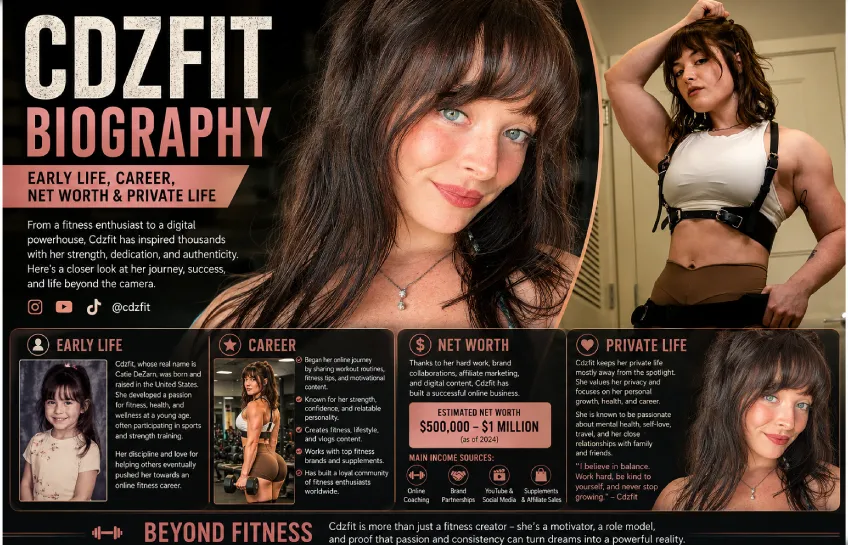 Cdzfit biography infographic showing early life, fitness career, net worth, and private life details of fitness influencer Claudia Elizabeth
