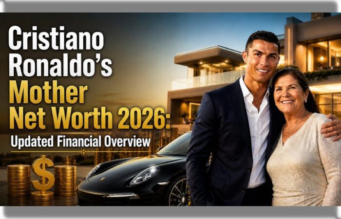 Cristiano Ronaldo with his mother Maria Dolores Aveiro standing in front of a luxury villa and sports car with net worth 2026 financial theme thumbnail