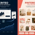 "Side-by-side comparison graphic showing Criteo retargeting interface versus Pinterest visual discovery advertising board"