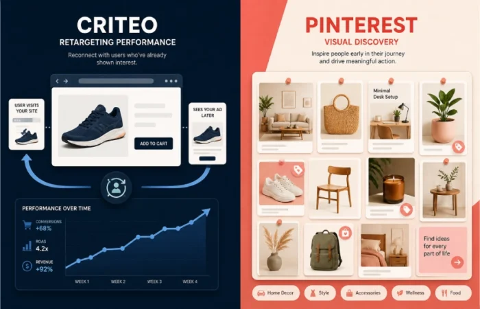 "Side-by-side comparison graphic showing Criteo retargeting interface versus Pinterest visual discovery advertising board"