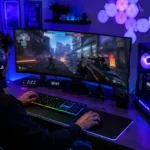 eurogamersonline.com pc gaming setup with modern gaming PC, RGB accessories, and online multiplayer gameplay