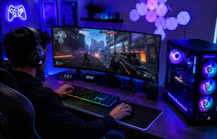 eurogamersonline.com pc gaming setup with modern gaming PC, RGB accessories, and online multiplayer gameplay