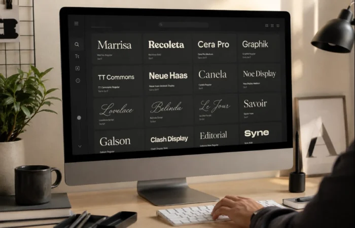 Fontlu platform interface showing font preview and download options for designers