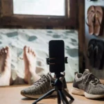 Creative footography setup showing stylish footwear and aesthetic foot photography for social media content