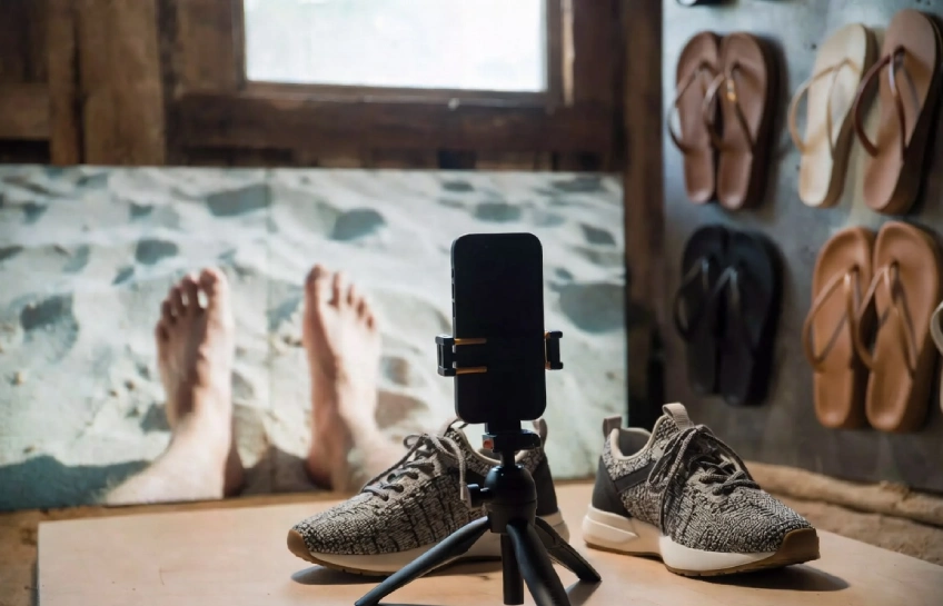 Creative footography setup showing stylish footwear and aesthetic foot photography for social media content