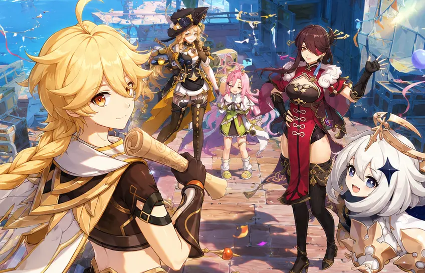 Festive anime-style fantasy harbor scene inspired by Teyvat in Genshin Impact with colorful balloons and magical atmosphere.