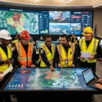 Disaster management crew members reviewing real-time emergency data at a command center