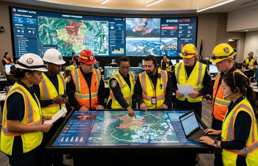Disaster management crew members reviewing real-time emergency data at a command center