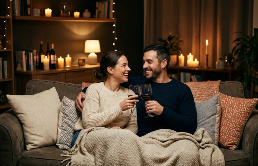 A couple sitting close together in soft candlelight, representing tips on how to spice my sex life