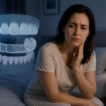 Person with jaw pain from bruxism learning about causas tratamiento y prevencion to protect their teeth at night.