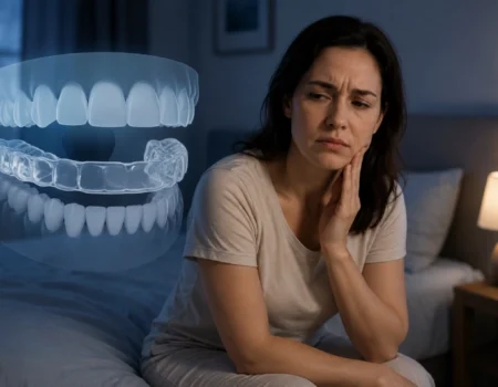 Person with jaw pain from bruxism learning about causas tratamiento y prevencion to protect their teeth at night.
