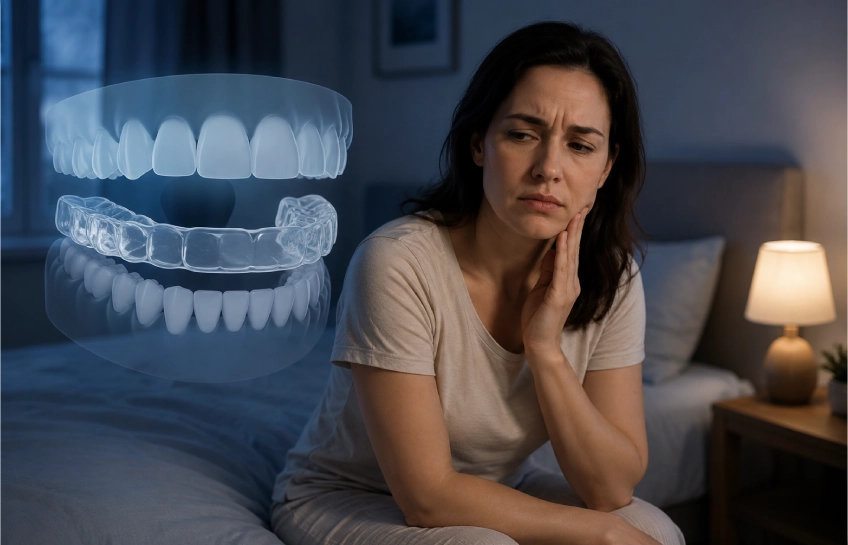 Person with jaw pain from bruxism learning about causas tratamiento y prevencion to protect their teeth at night.