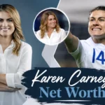 Karen Carney net worth – composite image showing Karen Carney as a TV pundit in a white shirt and as an England footballer wearing the number 14 shirt