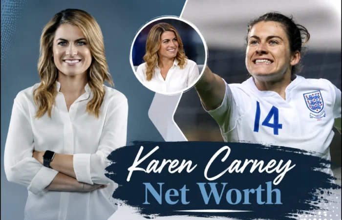 Karen Carney net worth – composite image showing Karen Carney as a TV pundit in a white shirt and as an England footballer wearing the number 14 shirt
