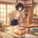 Life with a flirty step-sister – Kurumi standing in a cozy anime-style apartment with a playful expression