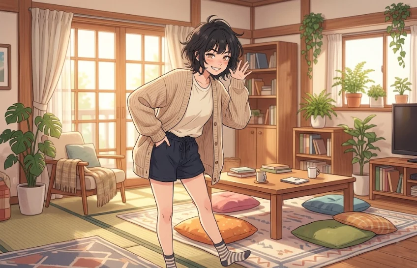 Life with a flirty step-sister – Kurumi standing in a cozy anime-style apartment with a playful expression