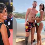 Antonela Roccuzzo and Lionel Messi on a yacht vacation, alongside a red carpet photo of Antonela Roccuzzo in 2026