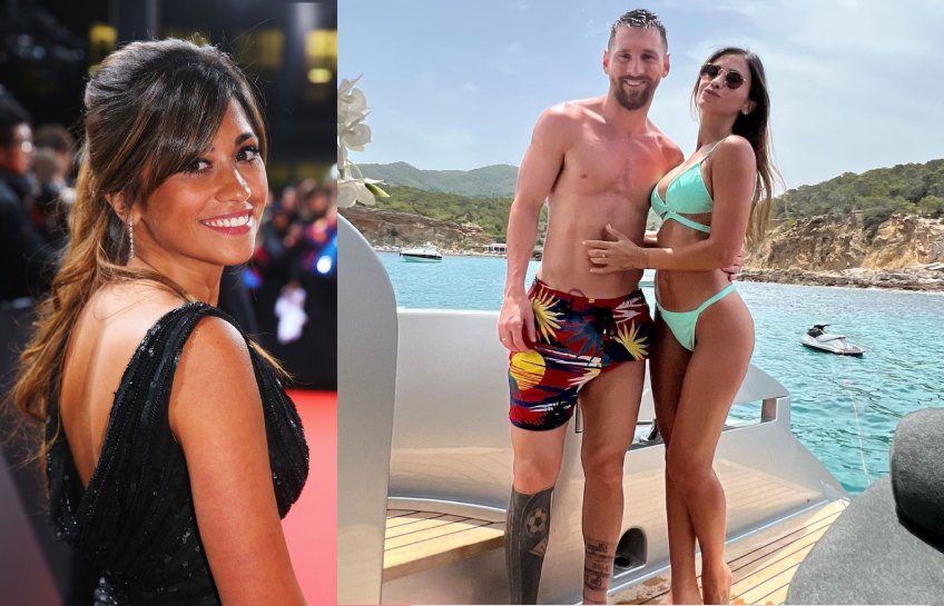 Antonela Roccuzzo and Lionel Messi on a yacht vacation, alongside a red carpet photo of Antonela Roccuzzo in 2026