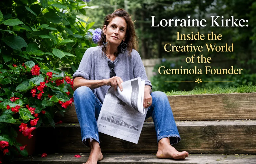 Lorraine Kirke, founder of Geminola vintage boutique, sitting outdoors holding a newspaper, wearing casual jeans and a grey top with statement earrings