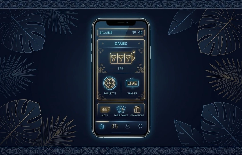 nusa win55.com online casino platform interface on a smartphone with Southeast Asian design accents